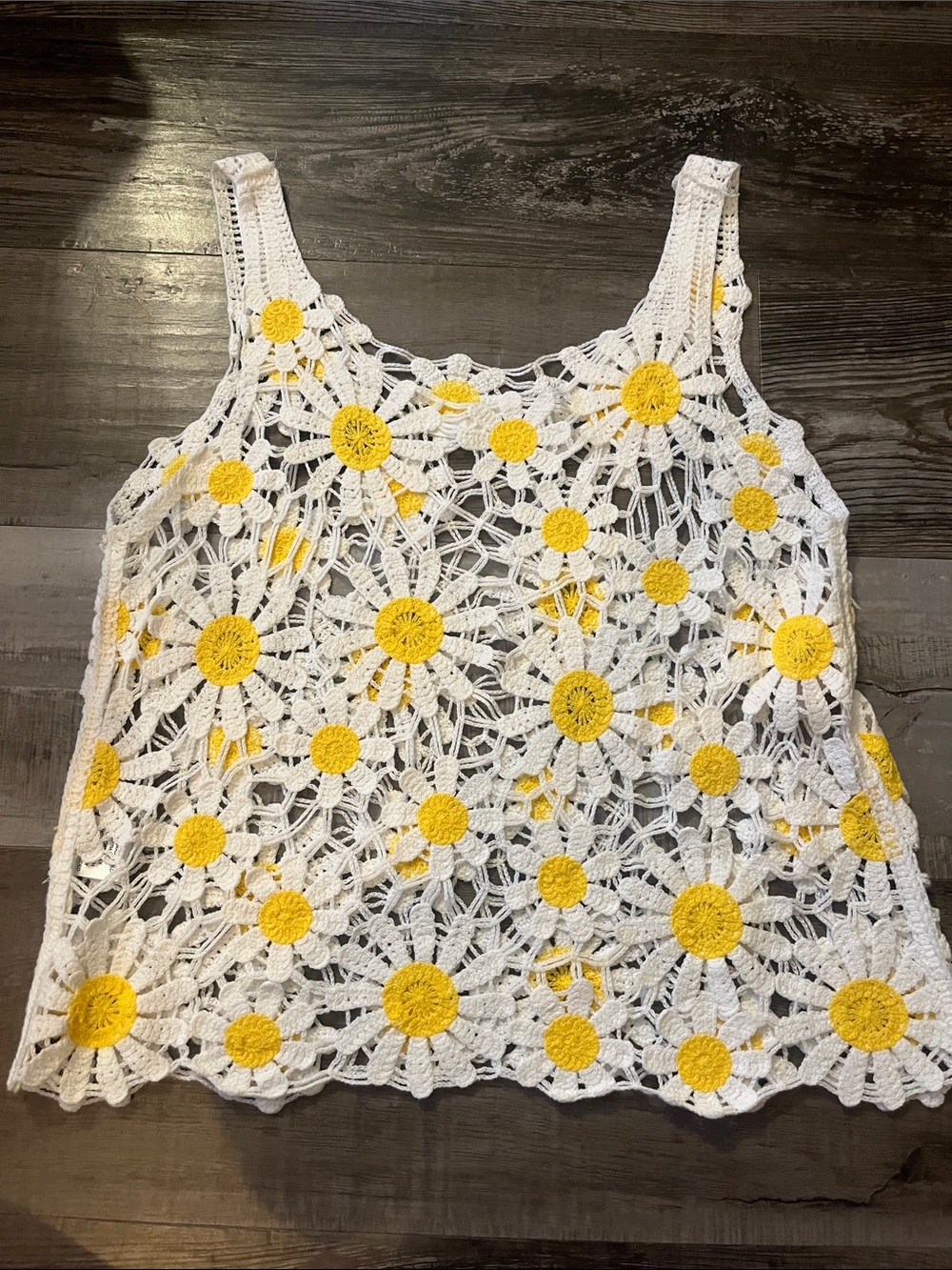 Women's White Crochet Daisy Tank Top with Yellow Accents